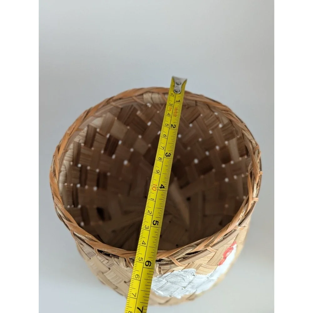 Vintage Wicker Basket Hand Painted Chickens Country Farm Decor 6in
